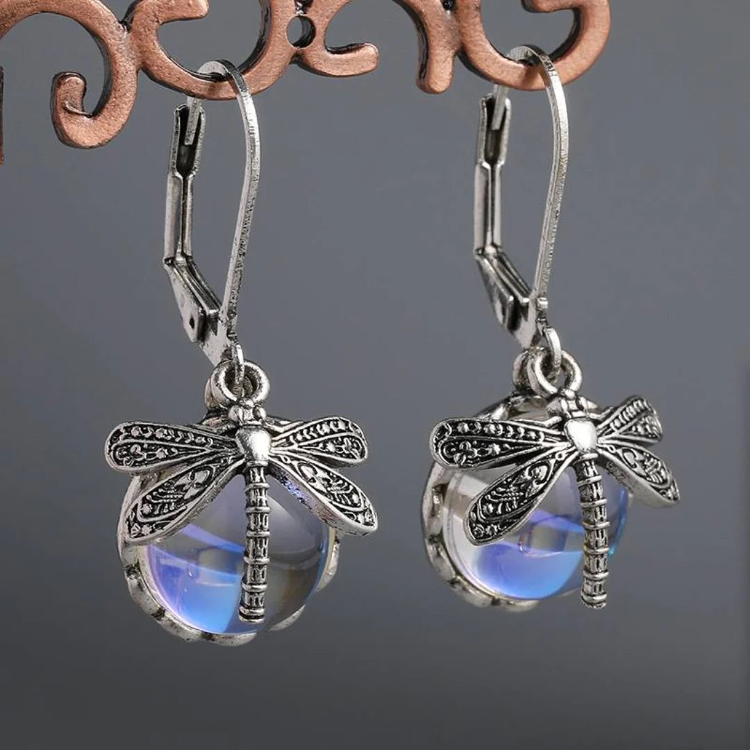 Pendientes vintage de libélula en plata de primera ley y cristal
