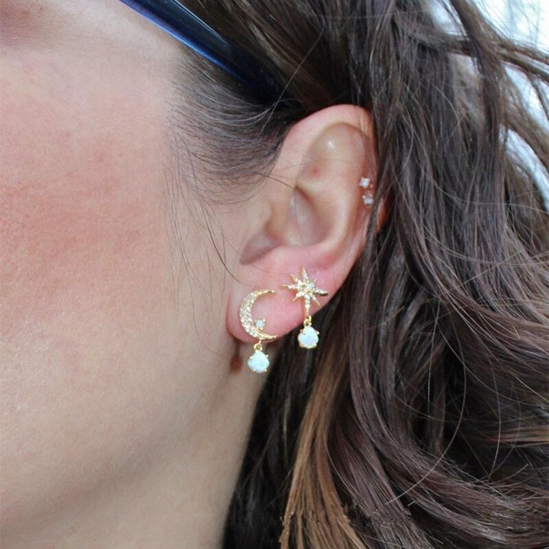 Pendientes luna y estrella oro y ópalo