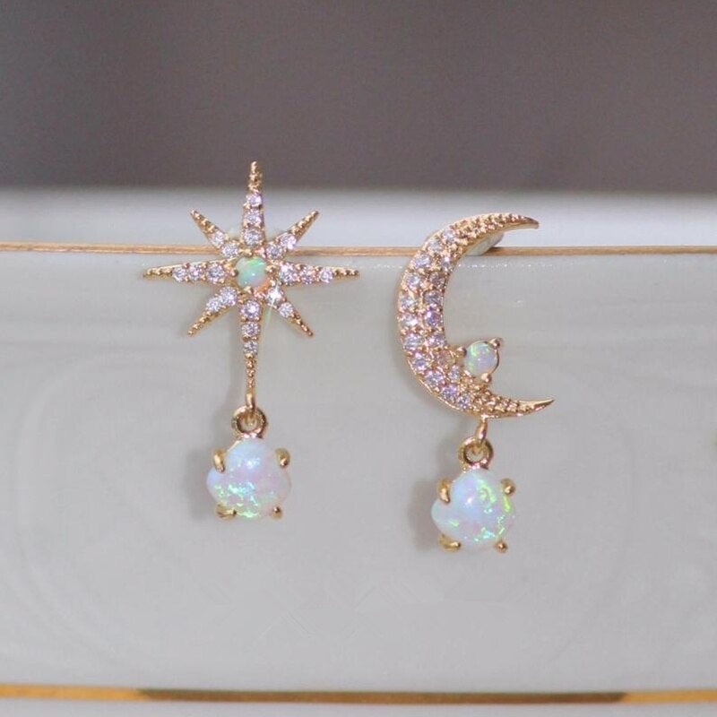 Pendientes luna y estrella oro y ópalo