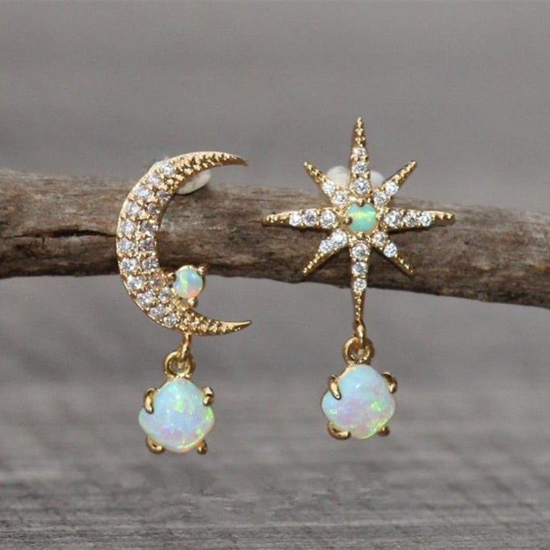 Pendientes luna y estrella oro y ópalo